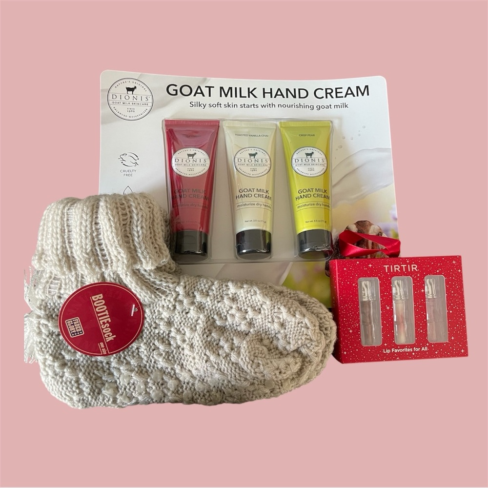 Bundle: goat milk hand cream, BOOTIEsock, and lip tint trio